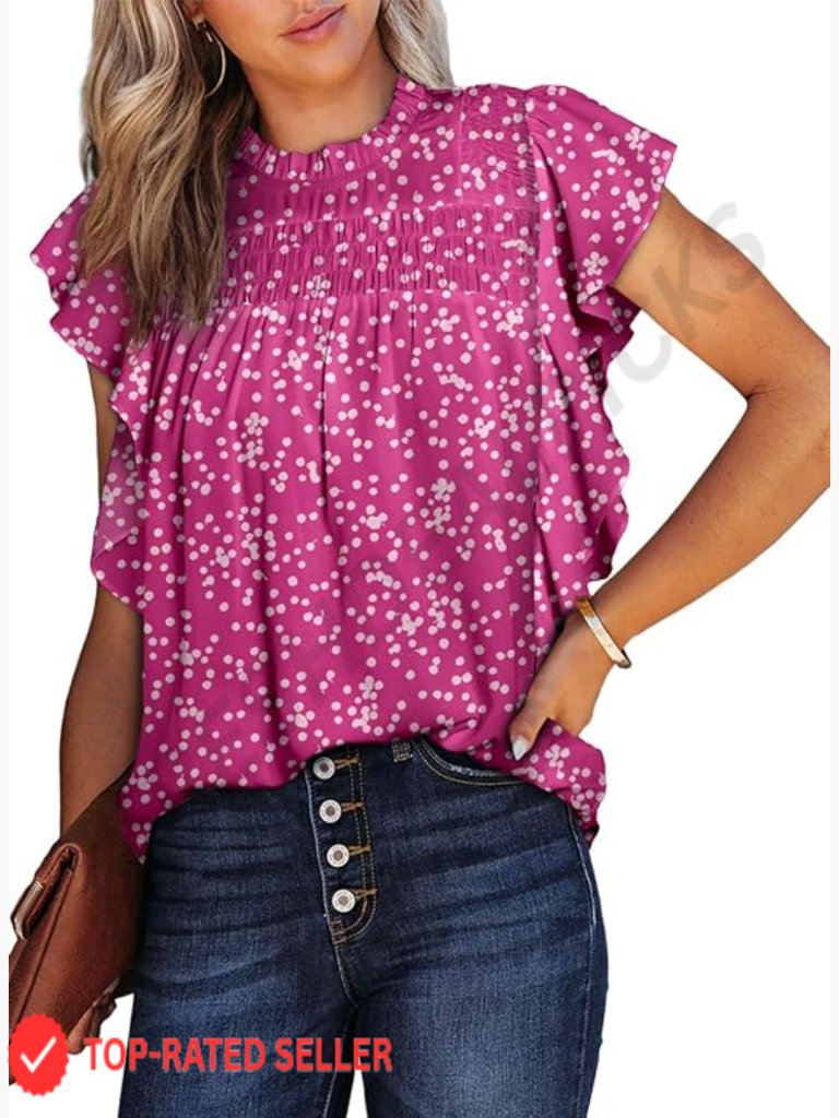 Floral Babydoll Blouse Crewneck Ruffle Short Sleeve Smocked Tunic Top